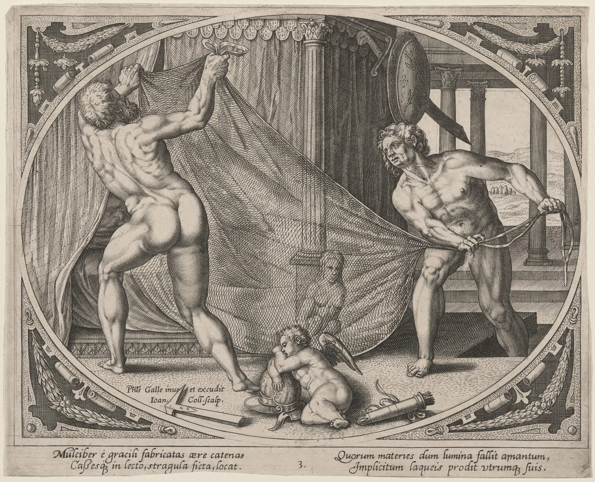 Vulcan Hanging an Iron Net above the Bed, by Hans the Younger Collaert, ink, 1580