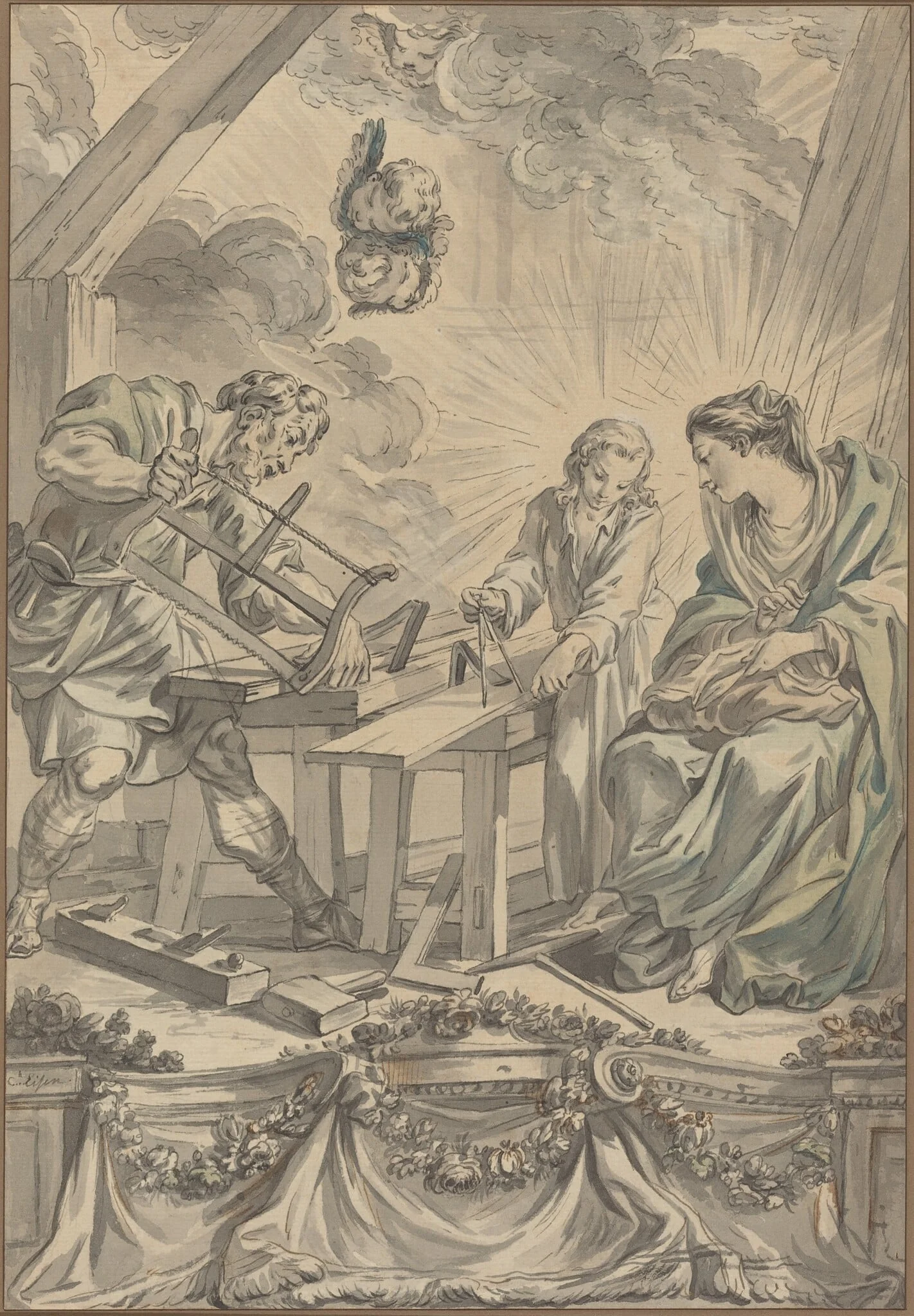 The Holy Family in the Carpenter's Shop, by Charles Eisen, ink, 1755