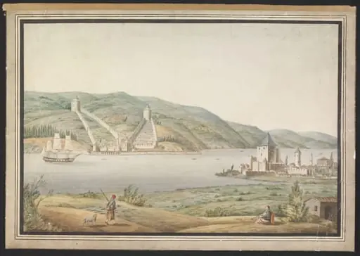 Rumeli Hisari on the European shore of the Bosphorus, from the Asian shore near Anadolu Hisari