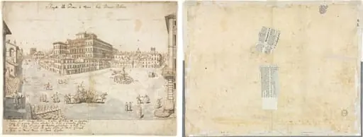 Eighteen Views of Rome: The Piazza Barberini (recto); Tracing of a Fountain from recto and Sketches of Two Faces (verso)