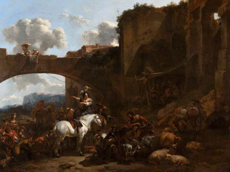 A Country Gathering by a Bridge, by Nicolaes Pieterszoon Berchem, oil, 1660