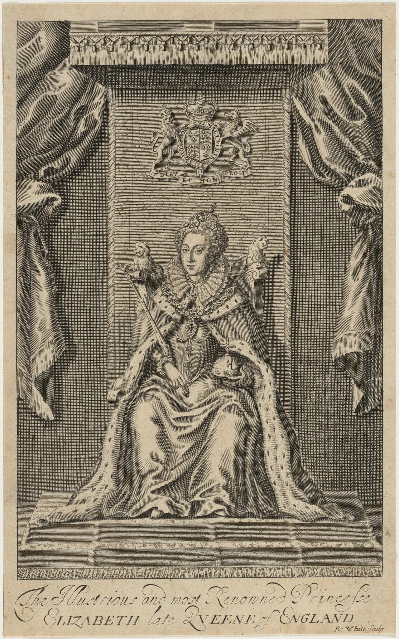 Queen Elizabeth Enthroned, by Robert White, ink, 1674