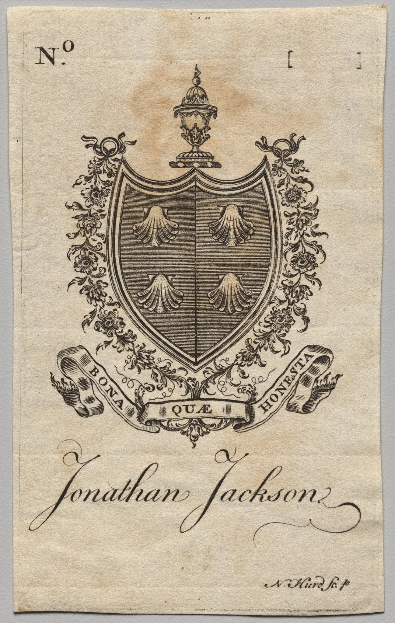 Bookplate:  Coat of Arms with Jonathan Jackson inscribed, by Nathaniel Hurd, 1764