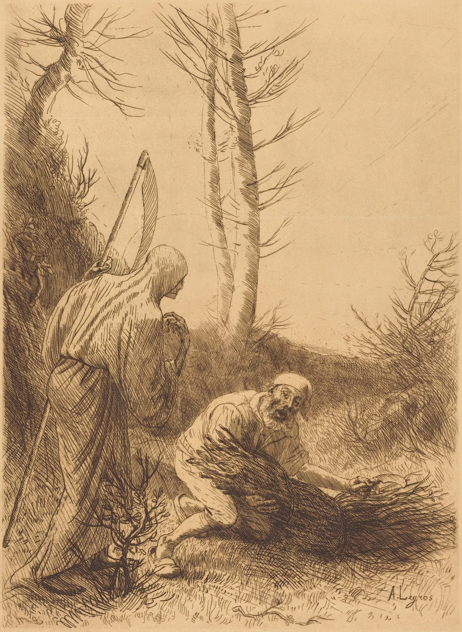 Death and the Woodcutter, 2nd plate (Le mort et le bucheron), by Alphonse Legros, ink, 1874