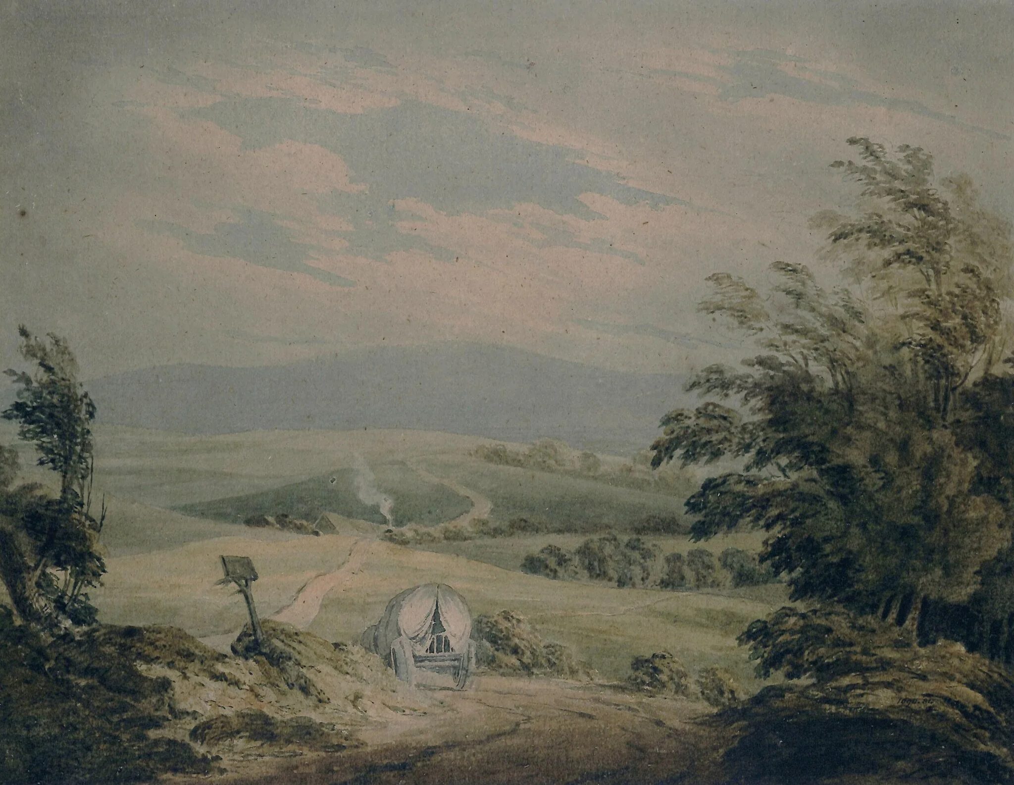 Hilly landscape with waggon, by Unknown, watercolor, 1800