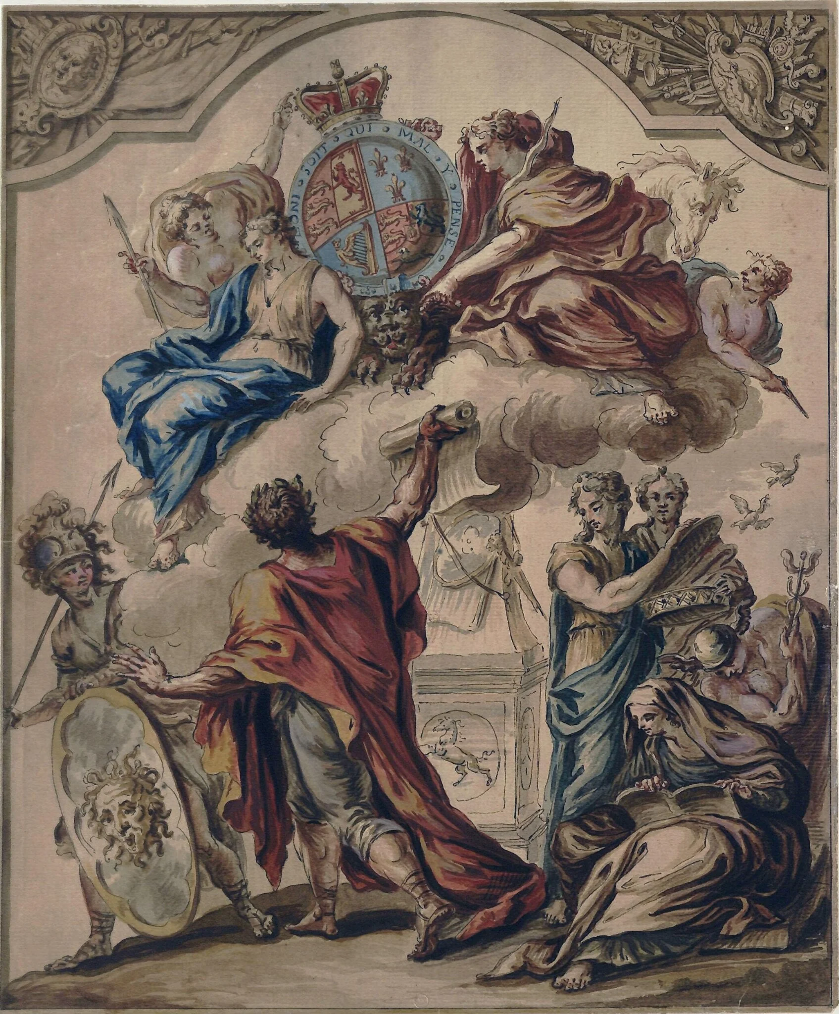 Allegorical design with figures: Clemency, Prudence and Justice with Pallas, Heroic Poetry, Liberty, Discretion, History and Mercury (preliminary design for a panel from Royal State Coach for George I)