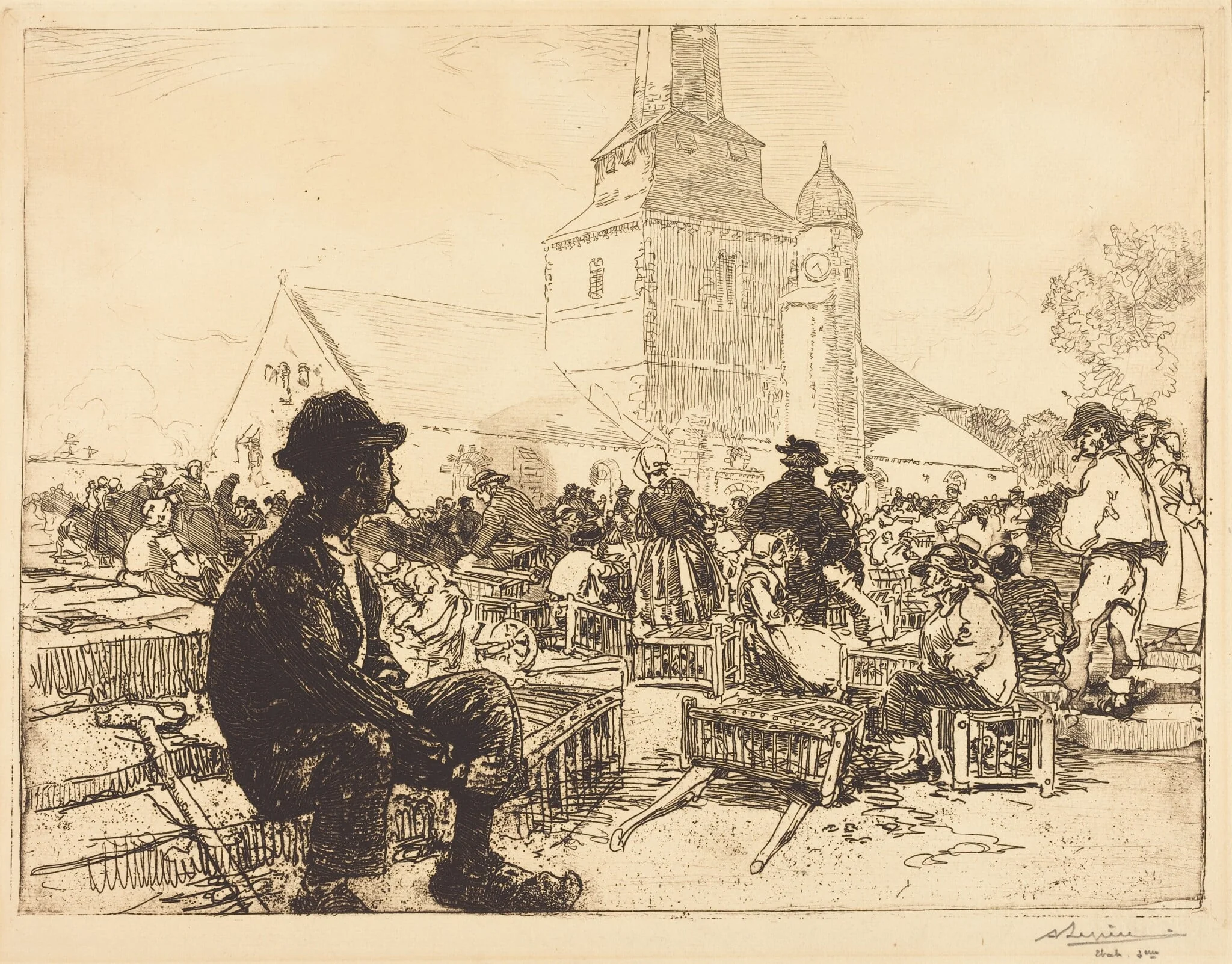Poultry Market at St.-Jean-de-Mont (Marche a la volaille, a St.-Jean-de-Mont), by Auguste Lepère, ink, 1892