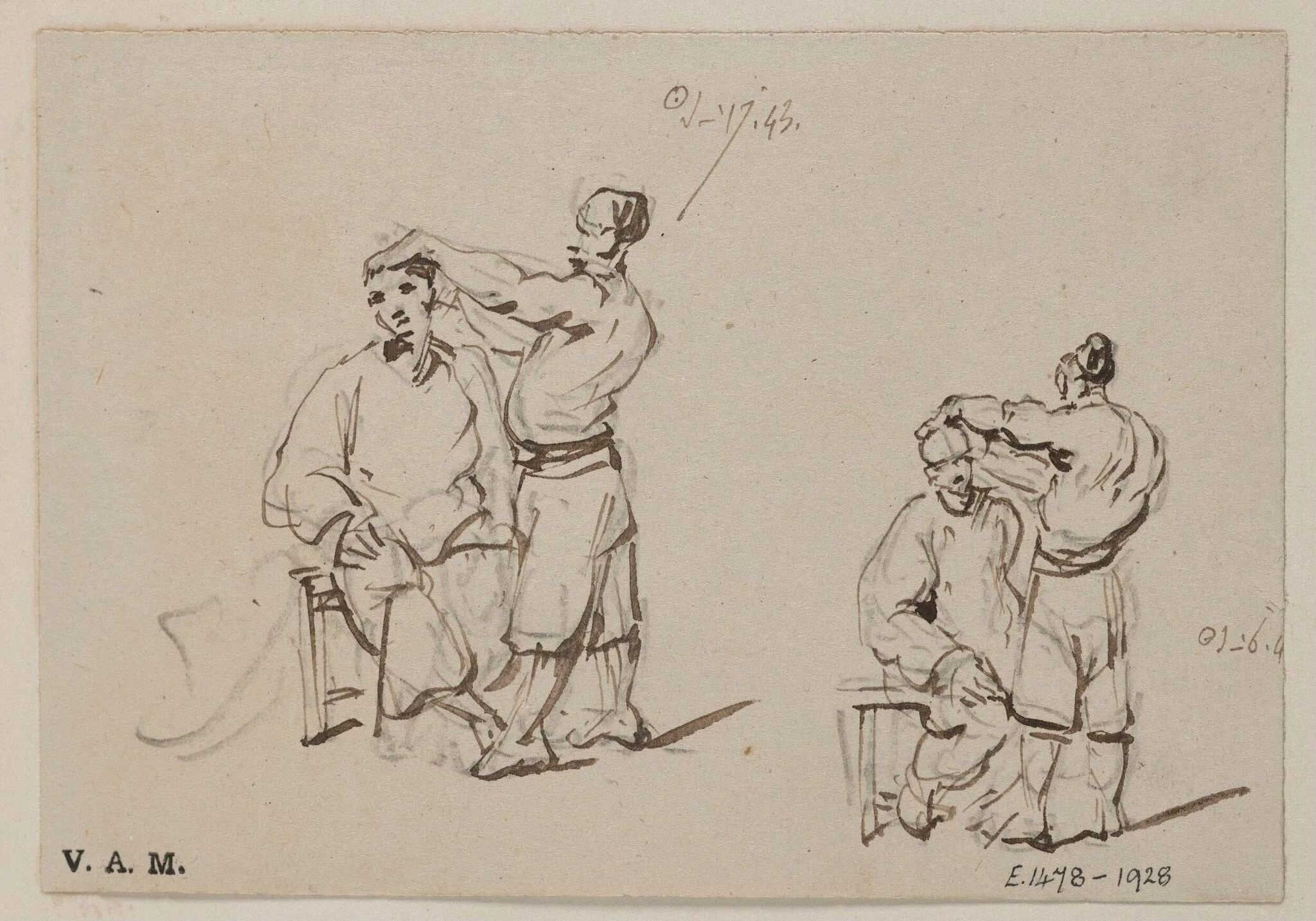 Two drawings of a Chinese barber and customer, by George Chinnery, 6