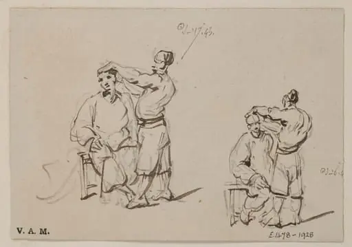 Two drawings of a Chinese barber and customer