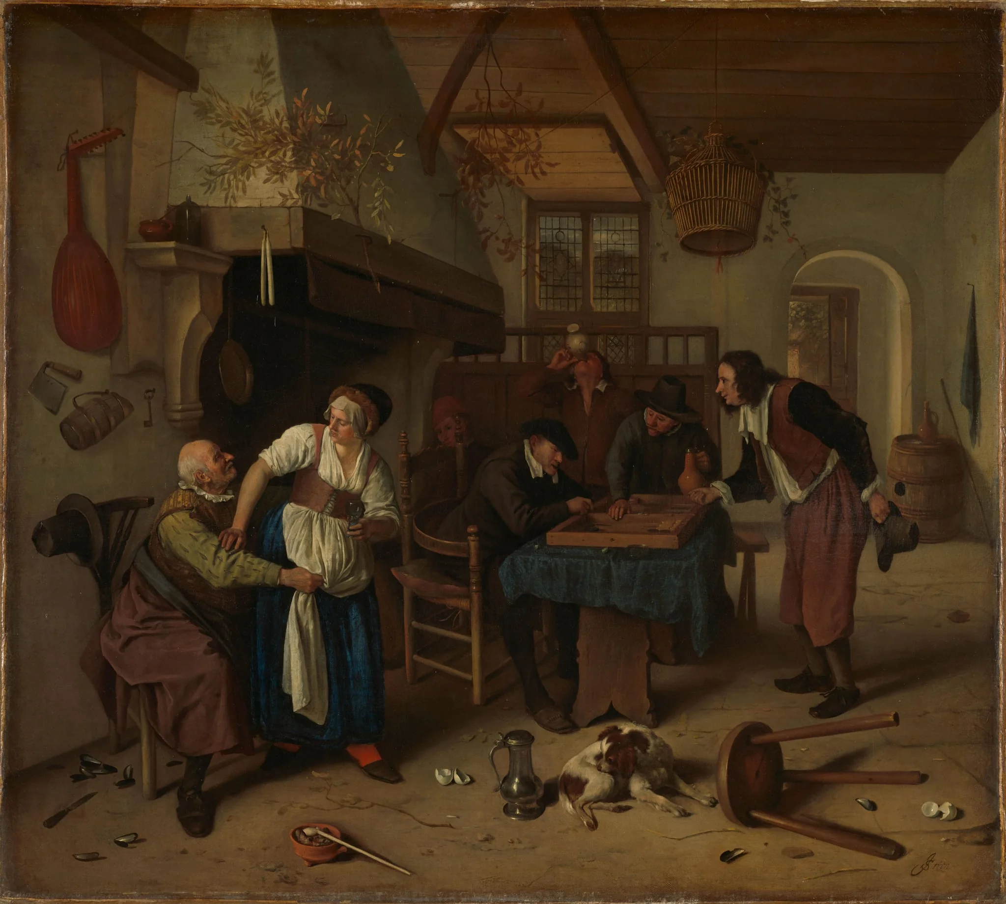 Interior of an inn with an old man amusing himself with the landlady and two men playing backgammon, known as 'Two kinds of games'