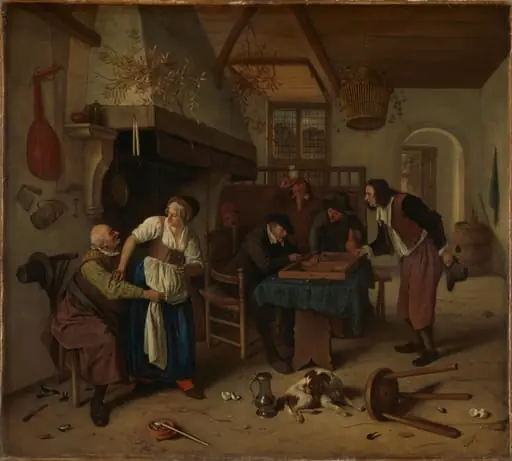 Interior of an inn with an old man amusing himself with the landlady and two men playing backgammon, known as 'Two kinds of games'