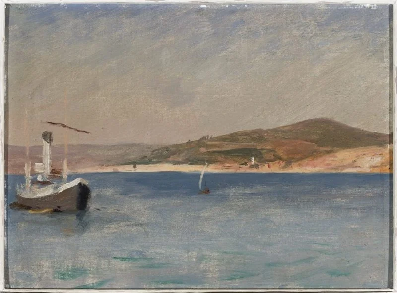 Sea with a ship at the coast. From the journey to Constantinople