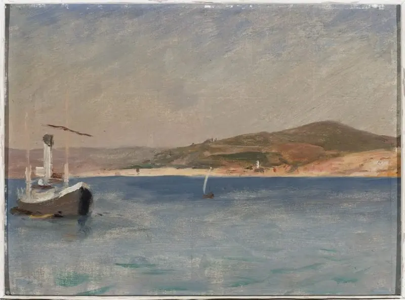 Sea with a ship at the coast. From the journey to Constantinople