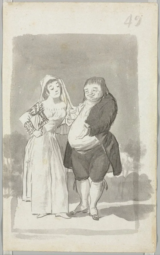 Prostitute Soliciting a Fat, Ugly Man, Folio 49 (recto), by Francisco Goya, 1796