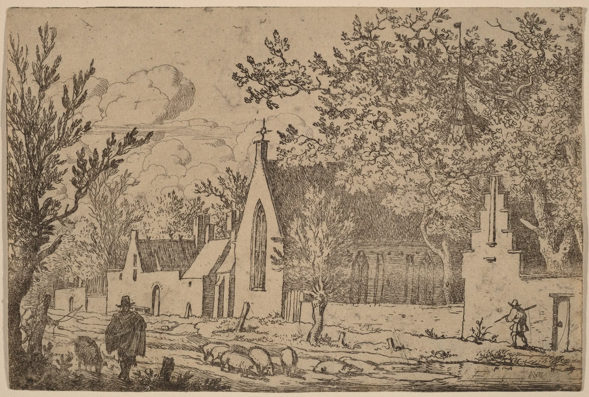 Swine Herd near a Chapel, by Allart van Everdingen, ink, 1650
