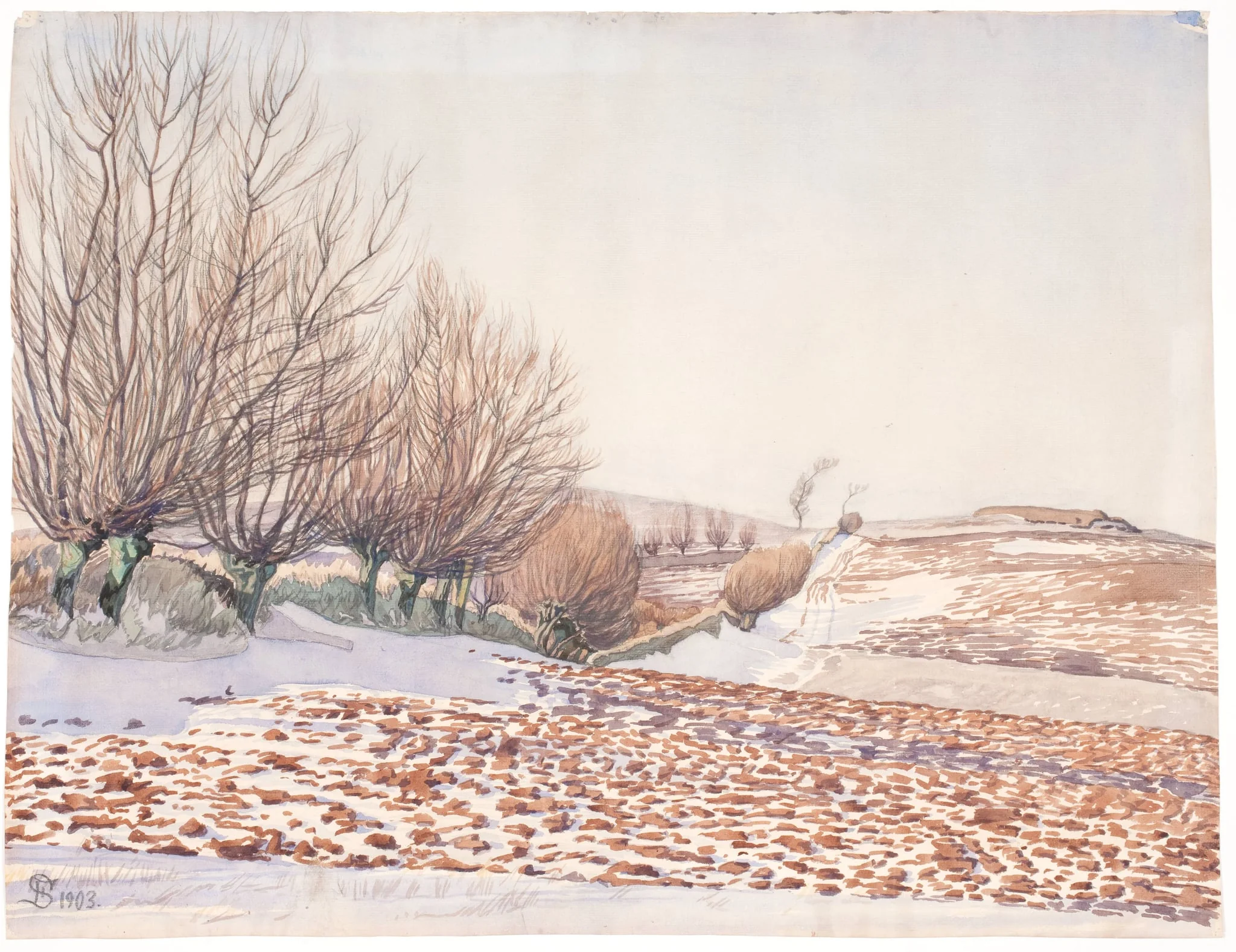 Landskab med piletræer og pløjemark i sne, by Unknown, unspecified, 1903