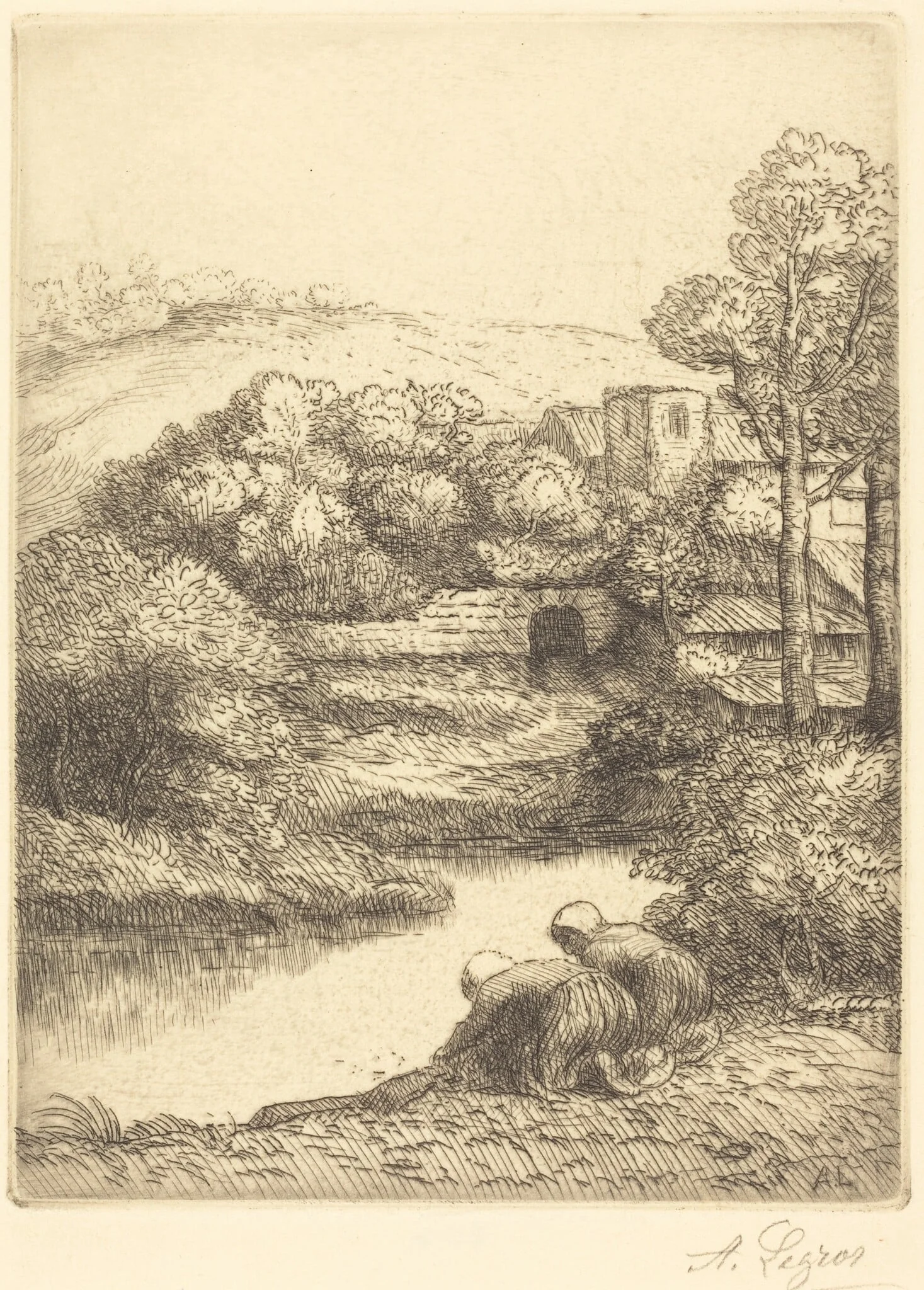 Wash-house, called "The Washerwomen" (Le lavoir, dite "Les Laveuses"), by Alphonse Legros, ink, 1874