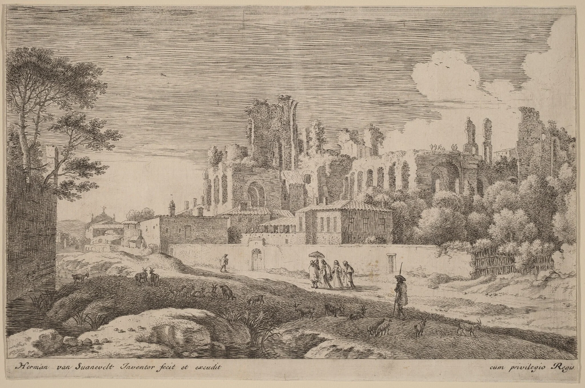 Landscape with Ruins and a Woman with a Parasol, by Herman van Swanevelt, ink, 1628