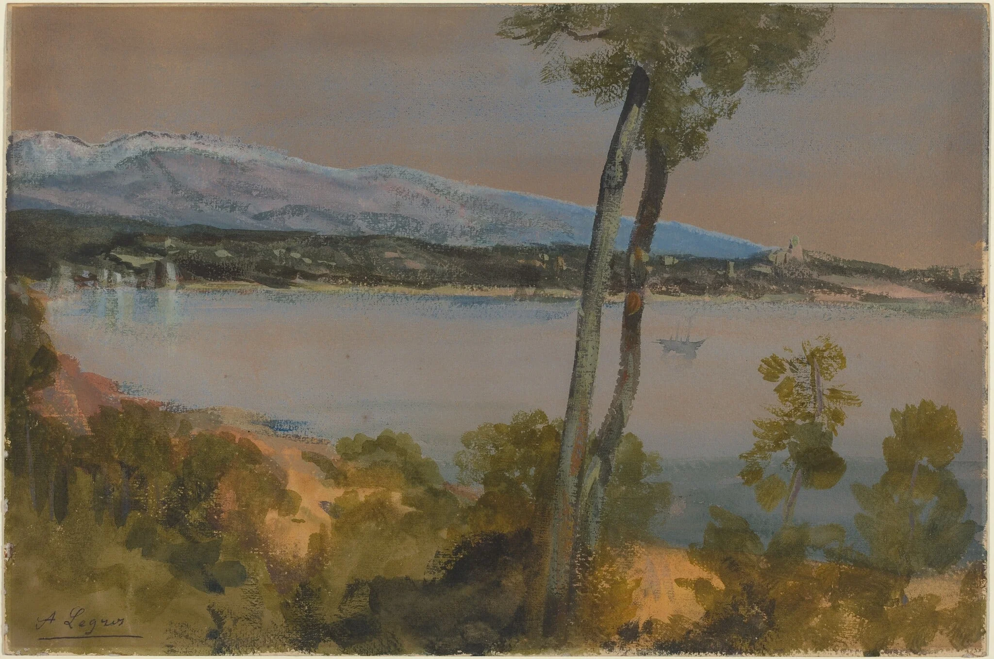 Mountains Seen beyond a Lake, by Alphonse Legros, gouache, 1874