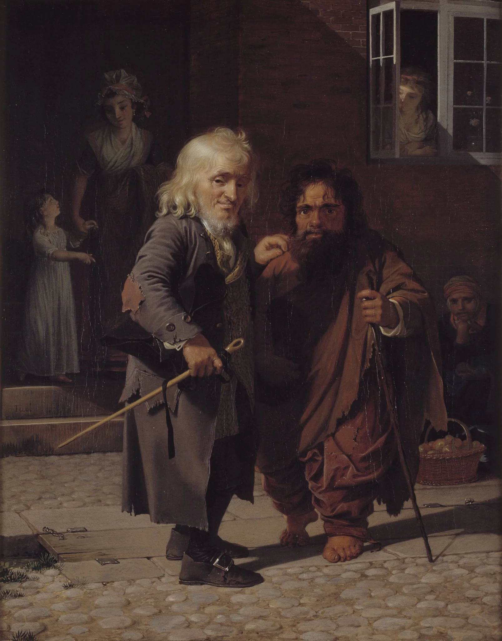Two Dwarfs: Obligeert, a Jewish pigtail-ribbon Vendor, beside the Roman Dwarf Bajocco in one of the Streets of Copenhagen, by Unknown, 1750