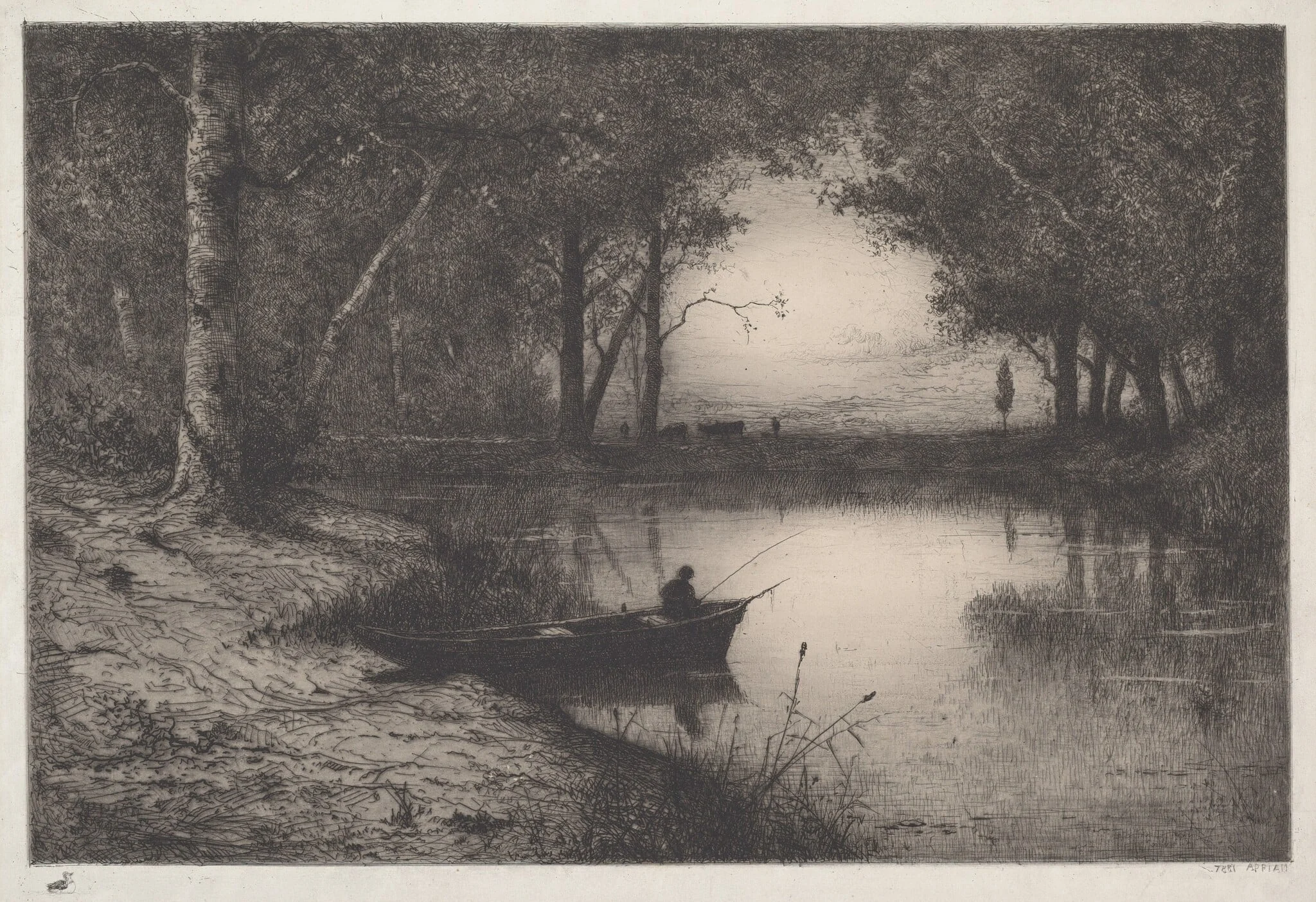 Pêcheur en Canot, au bord d'une Rivière (Fisherman in a Boat), by Adolphe Appian, ink, 1887