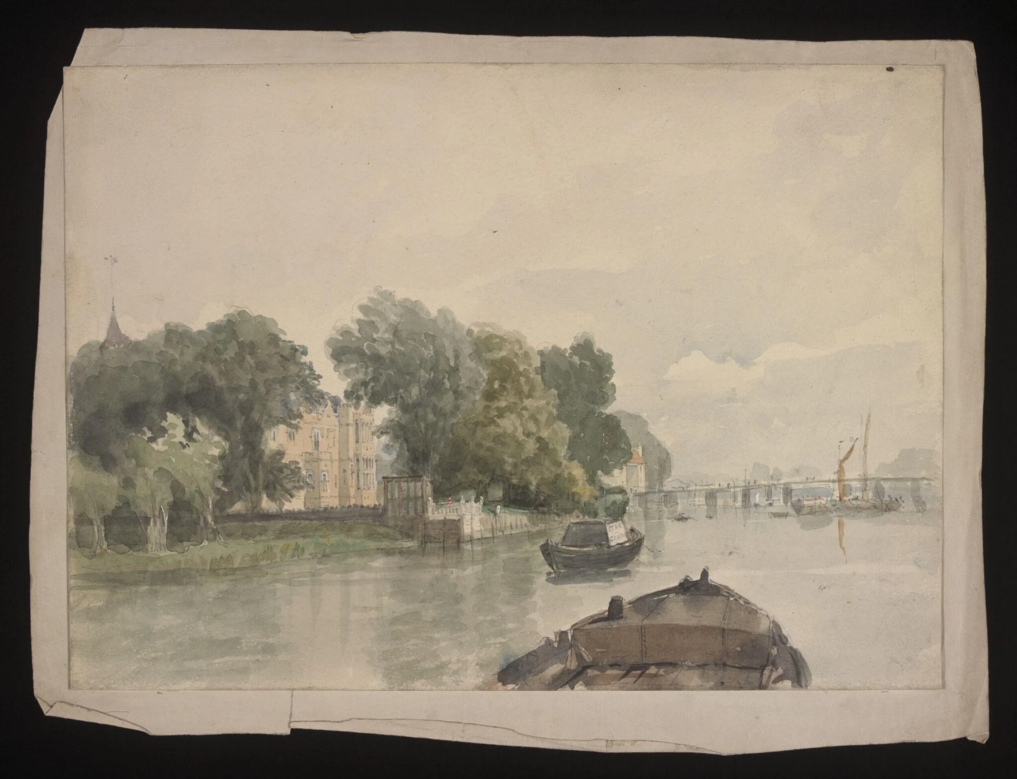 Watercolour drawing by the Grieve family, showing a scene on the River Thames, by Grieve, 1850