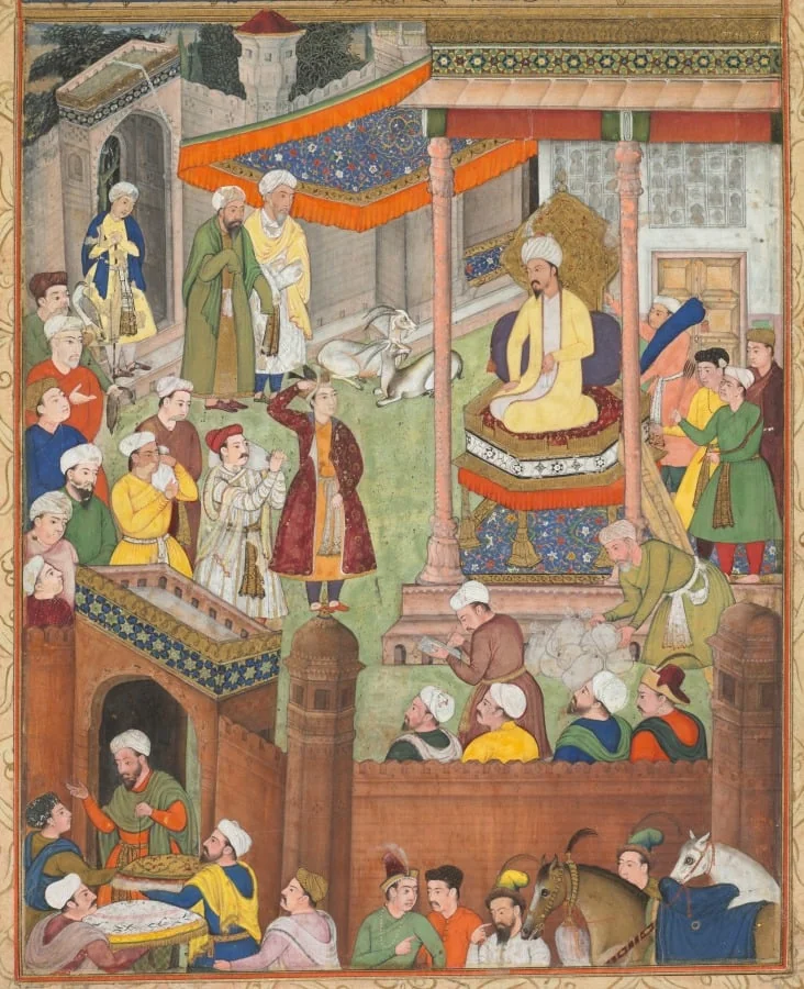 Babur receives booty and Humayun’s salute after the victory over Sultan Ibrahim in 1526, from an Akbar-nama (Book of Akbar) of Abu’l Fazl (Indian, 1551–1602), by Unknown, unspecified, 1596