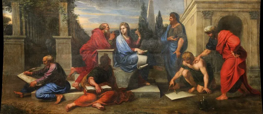 Aspasia surrounded by Greek philosophers