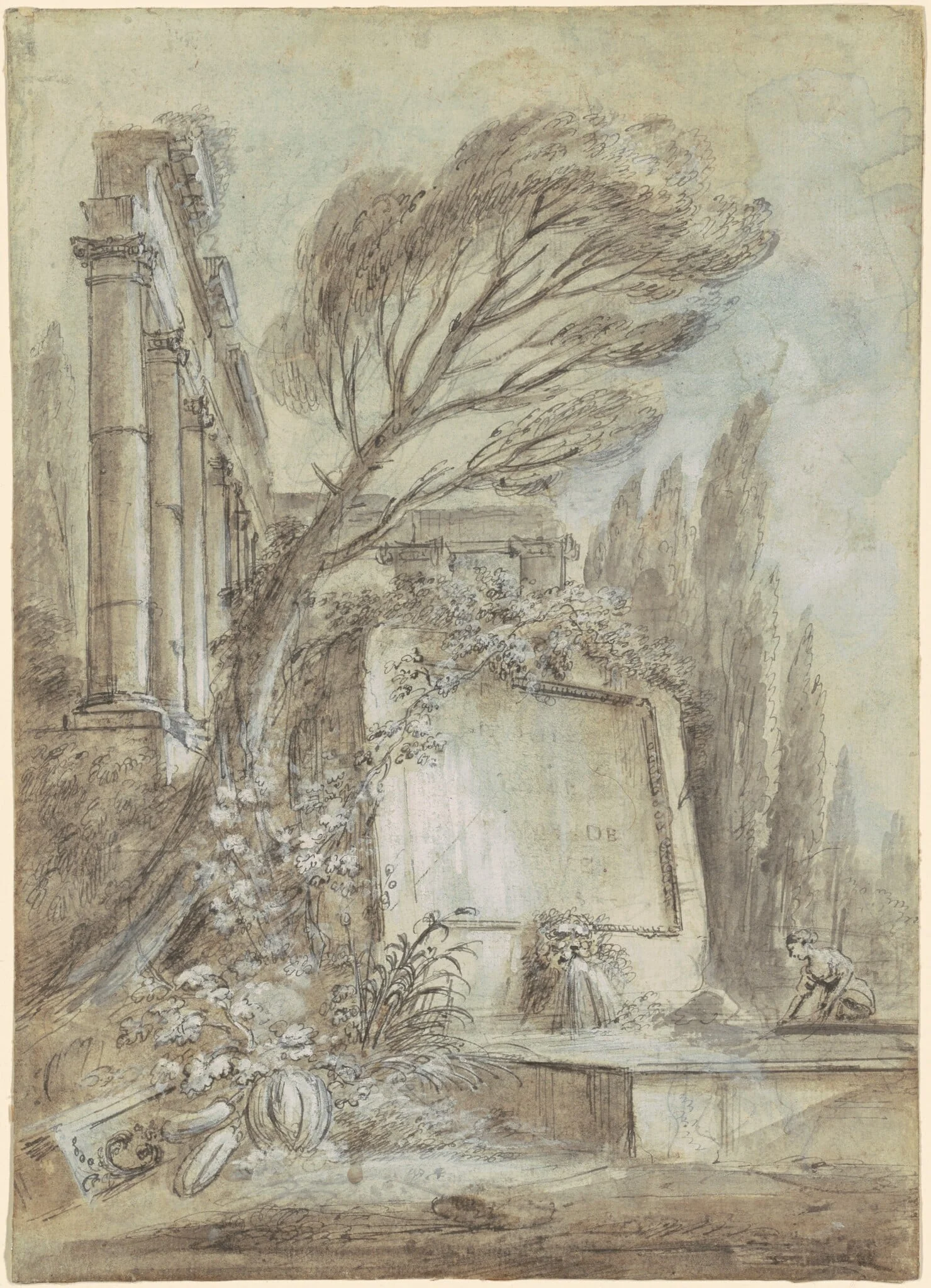 Architectural Fantasy of Roman Ruins with an Inscription Plaque, by Jean-Baptiste Lallemand, ink, 1768