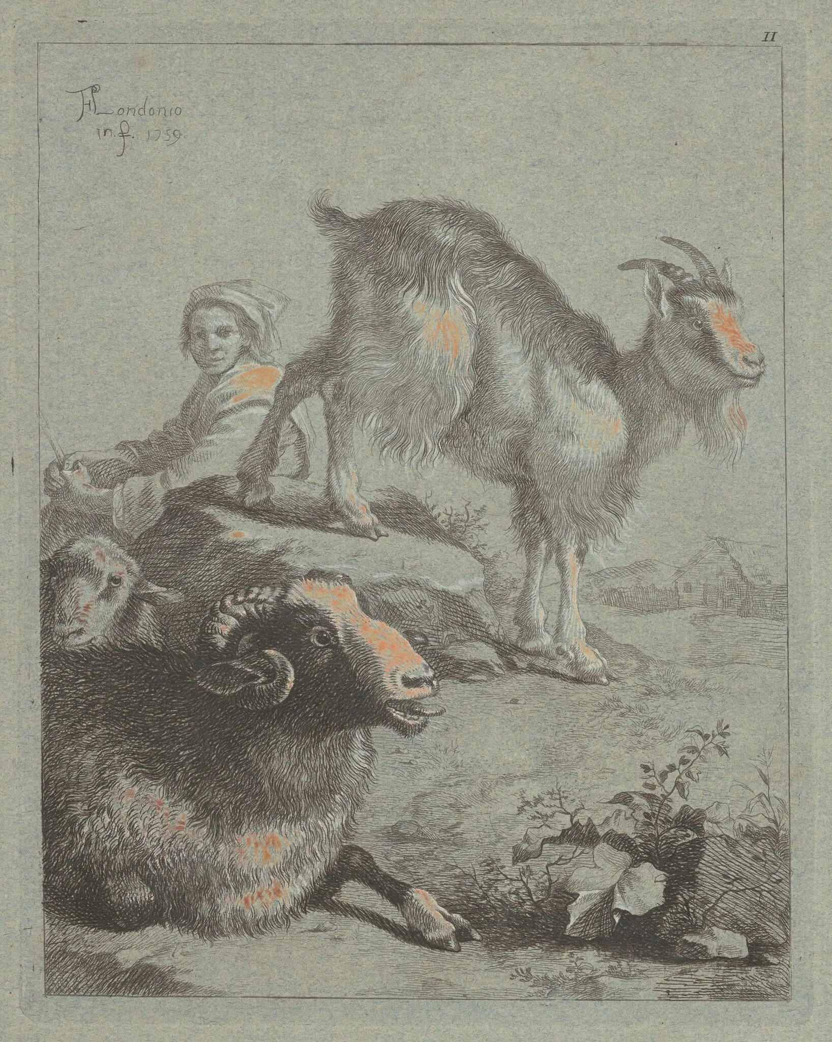 Seated Shepherdess, a Ram, a Sheep and a Goat, by Francesco Londonio, ink, 1759