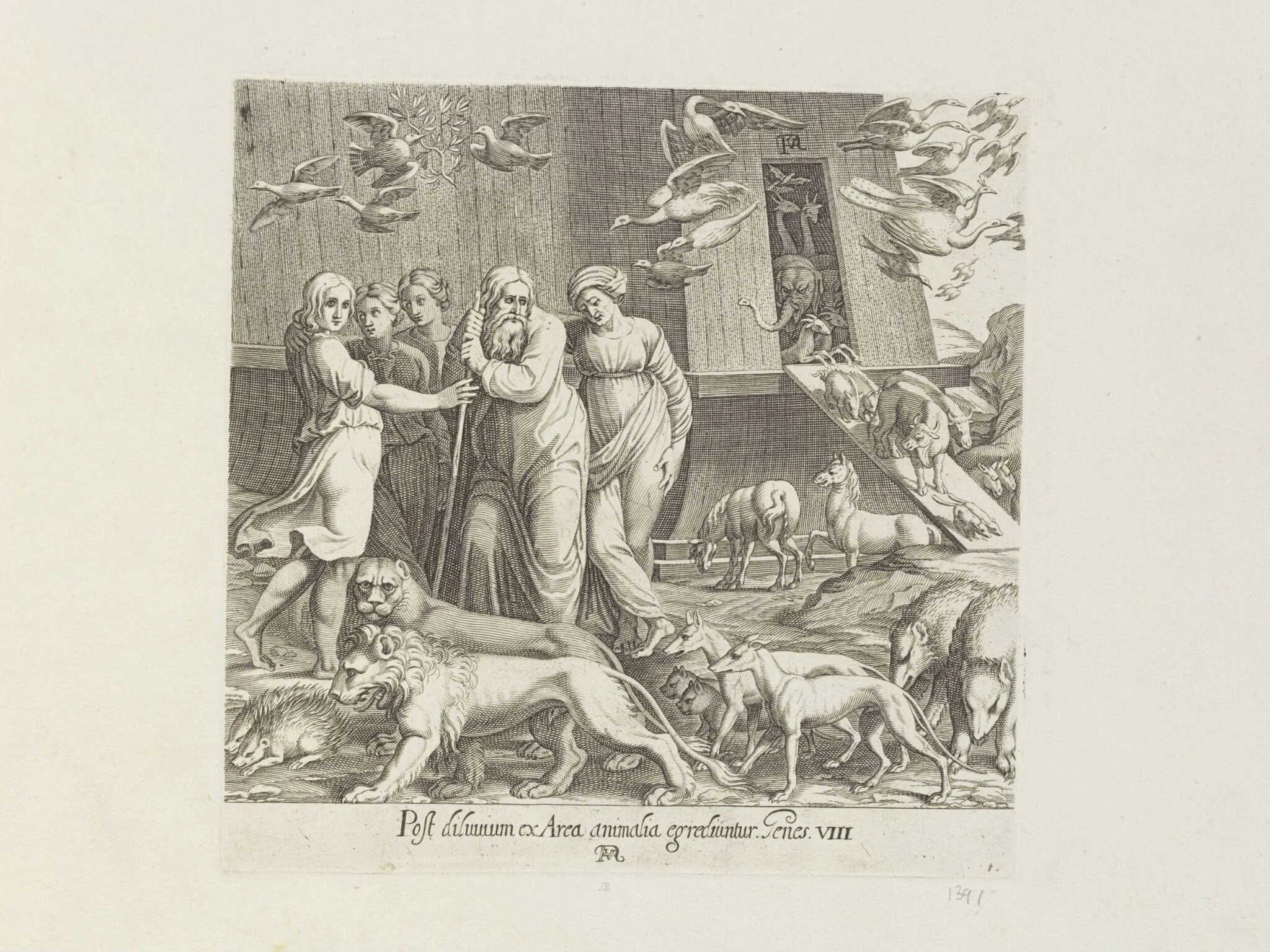 Noah and his family leaving the Ark, by Francesco Villamena, 1626