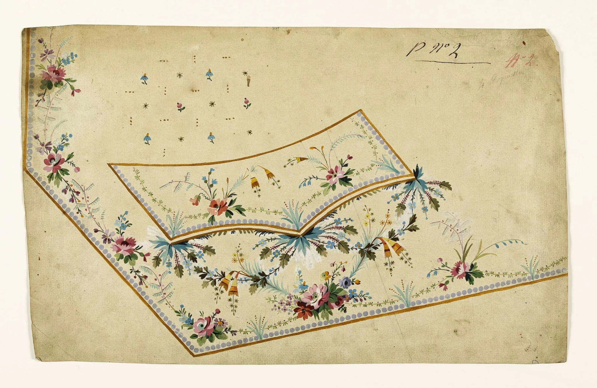 Composition avec guirlandes de fleurs, frises de perles lavande, projets de broderies de gilet, XVIIIème siècle