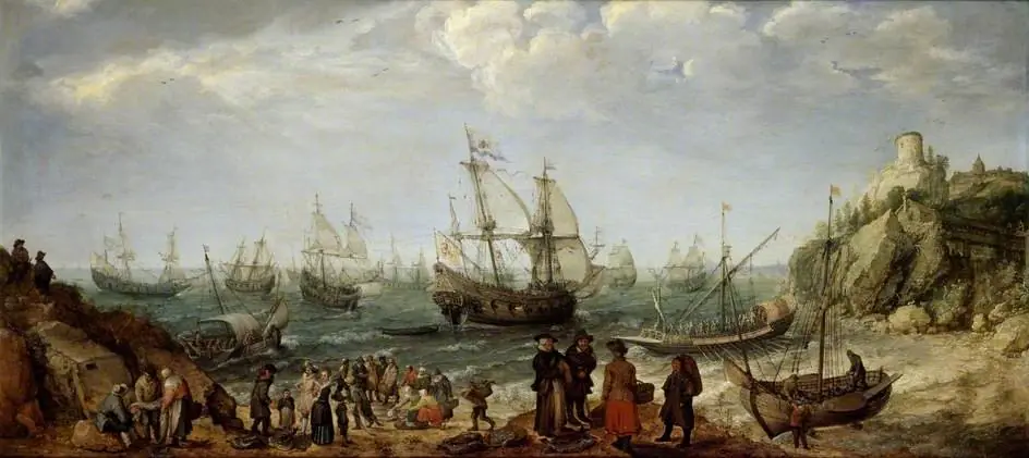 Warships off the Coast with a Fishmarket on the Beach
