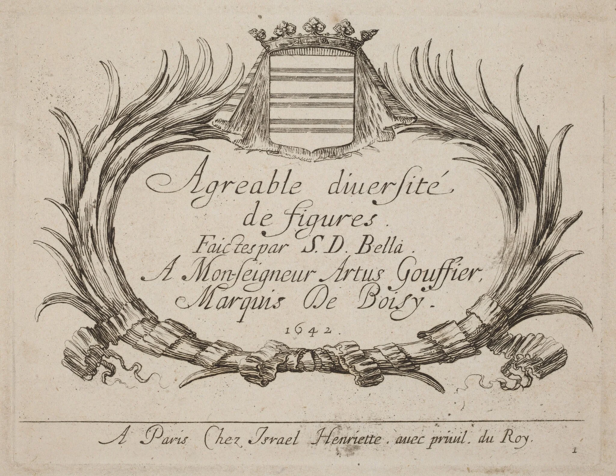 Title Page for "Agreable diversite de figures", by Stefano Della Bella, ink, 1642