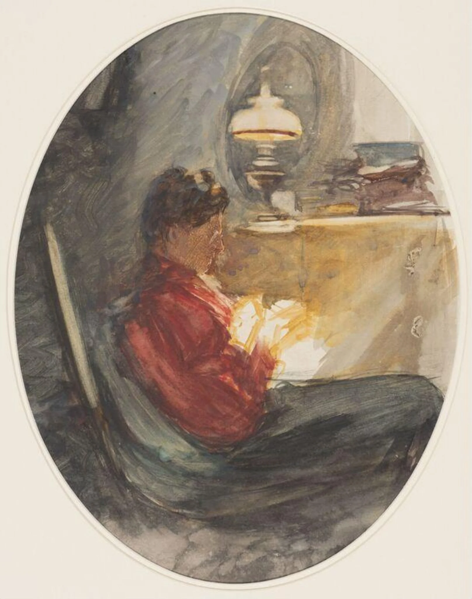Gertrude Terry, sewing by lamplight, by Louie Burrell, watercolor, 1923