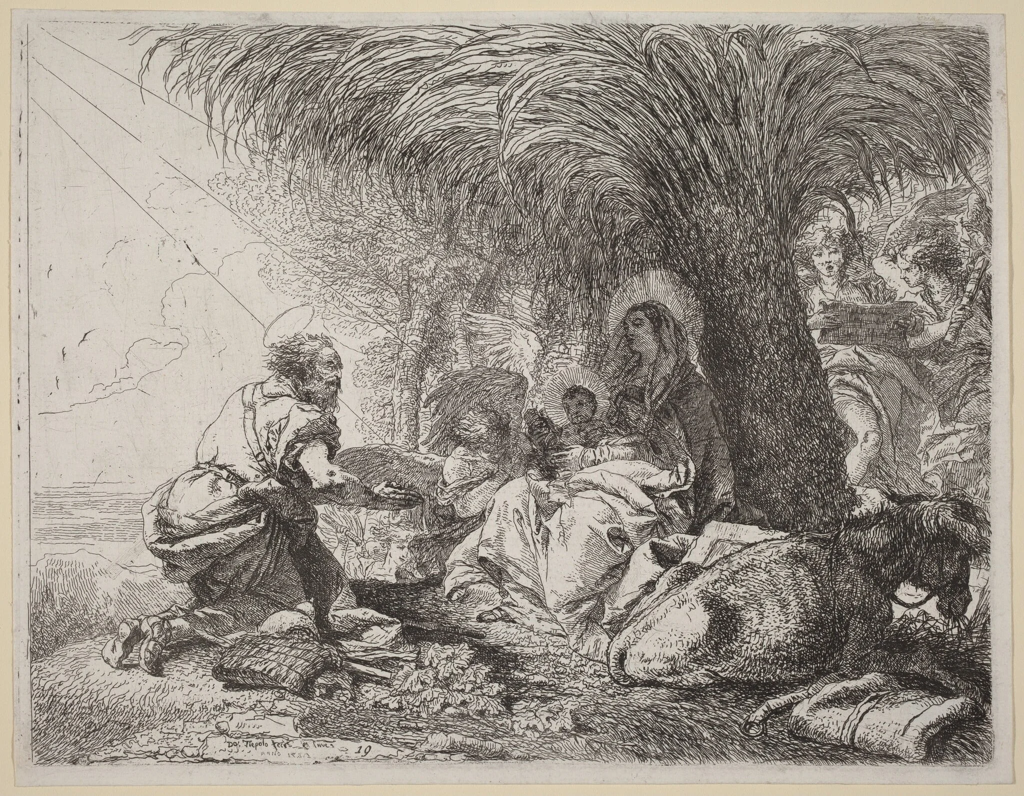 The Rest on the Flight with Joseph in Adoration, by Giovanni Domenico Tiepolo, ink, 1752
