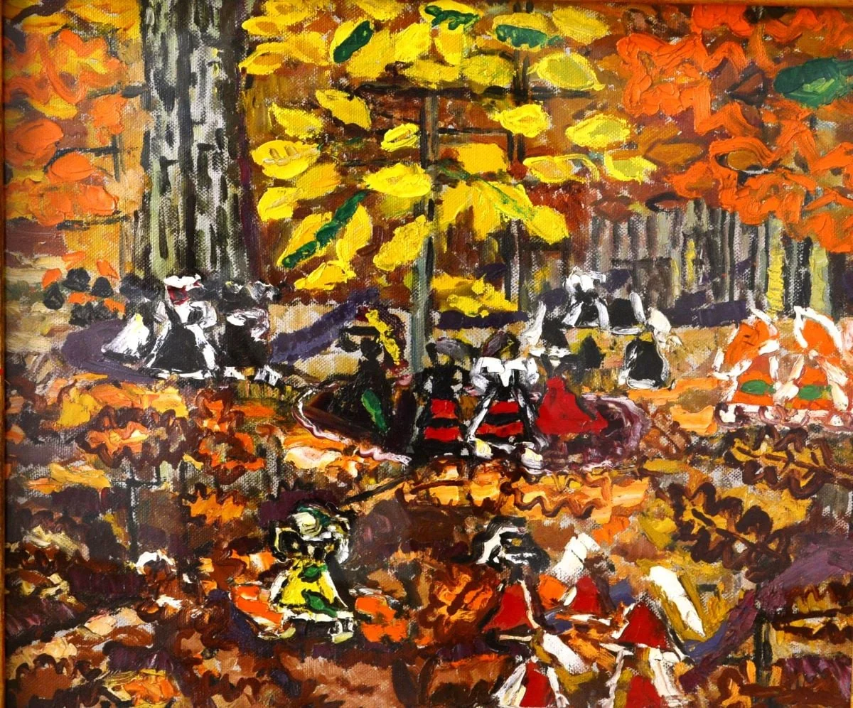 Peisaj de toamnă - pădure cu grupuri de țărani, by Ion Țuculescu, 1946
