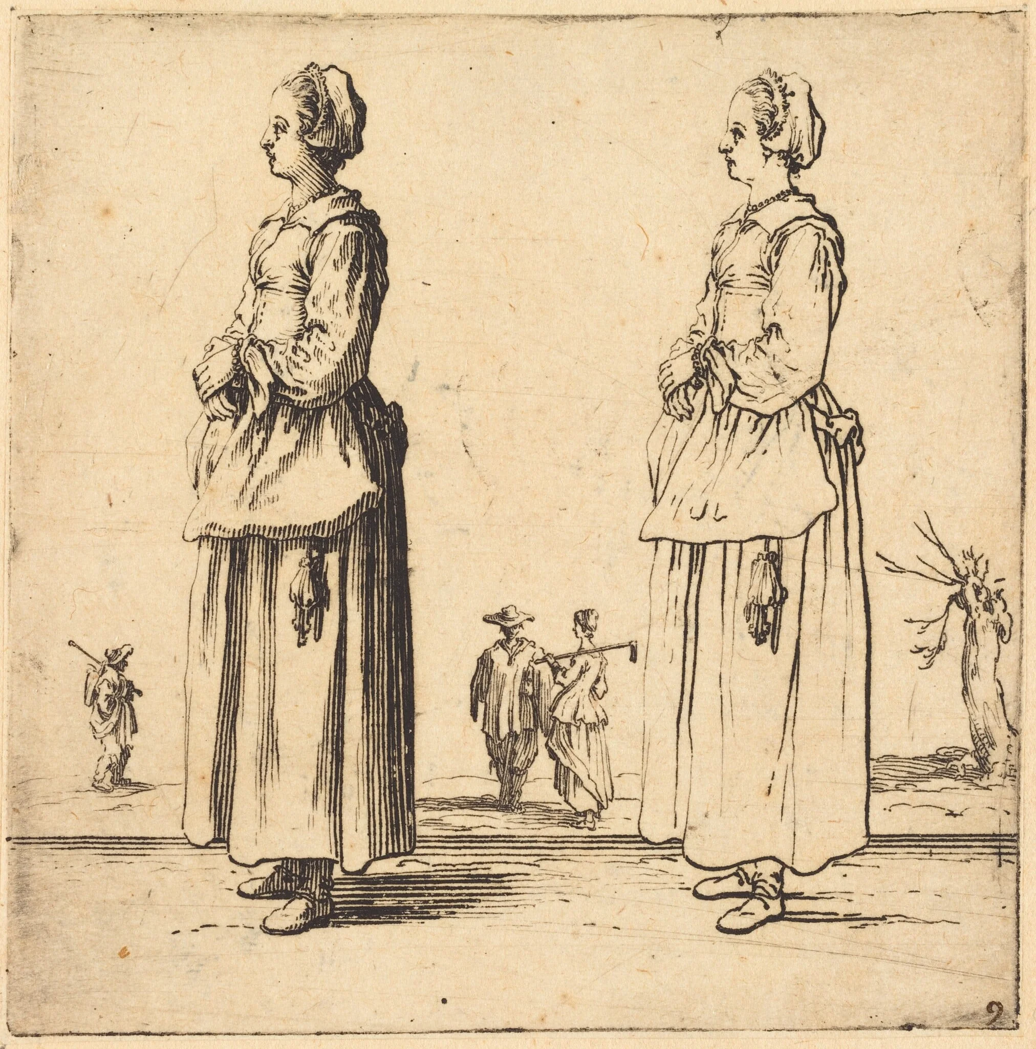 Peasant Woman, in Profile, Facing Left, by Jacques Callot, ink, 1622