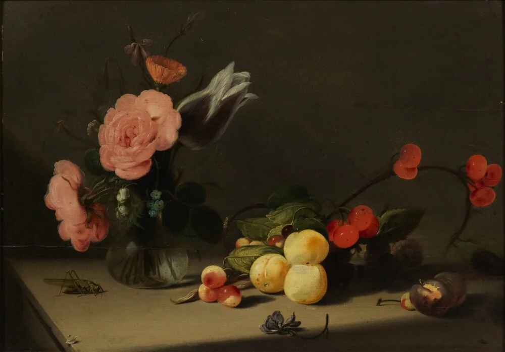 Still Life with Flowers and Fruit, by Hans Bollongier, oil, 1629