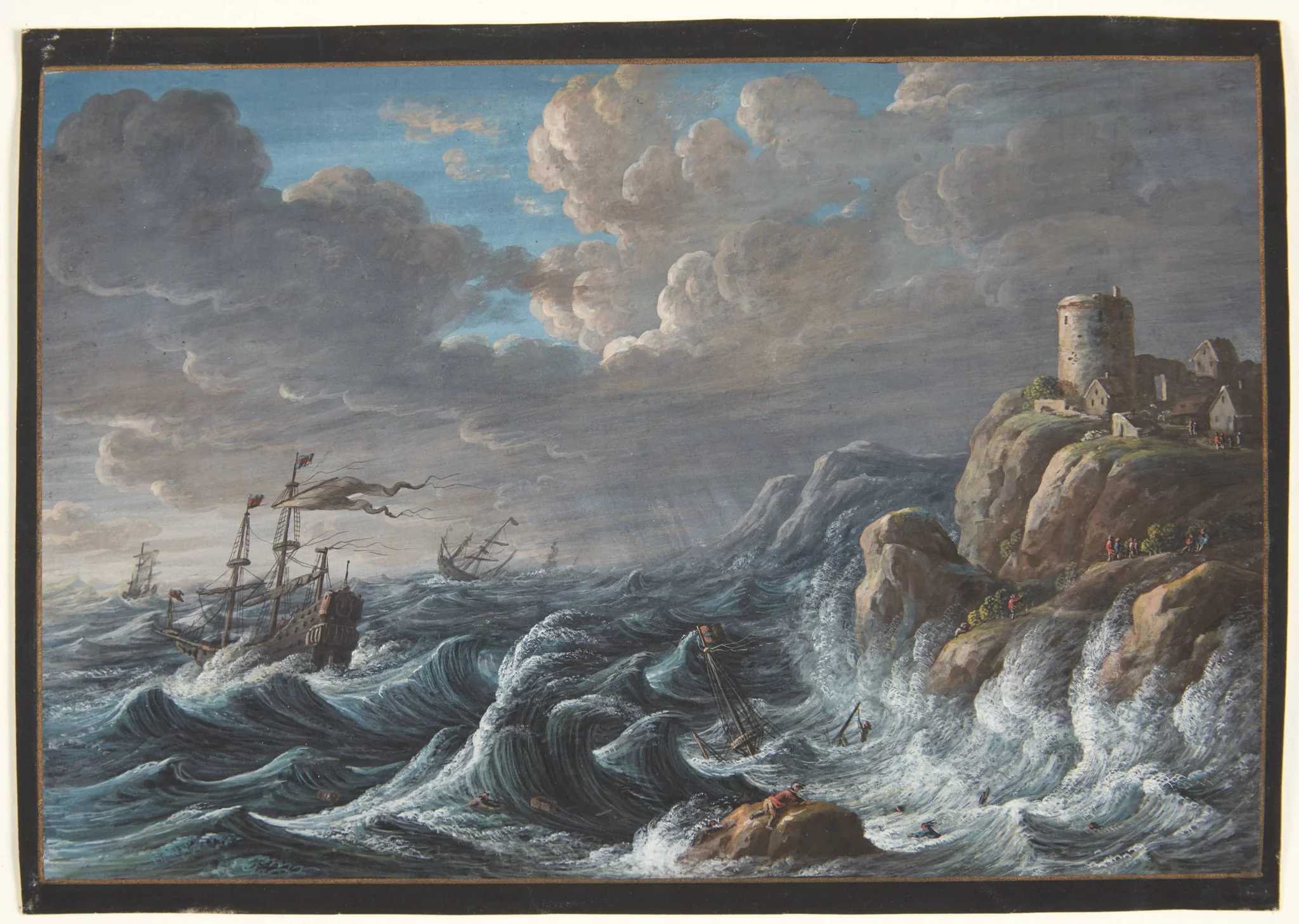 Søstykke med en klippekyst og skibe i havsnød, by Unknown, unspecified, 1750
