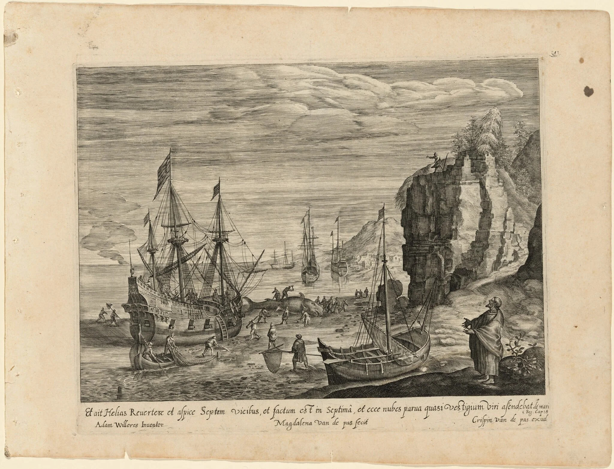 A Beach with Fishermen Cutting Up a Whale and the Prophet Elijah, by Magdalena van de Passe, ink, 1624