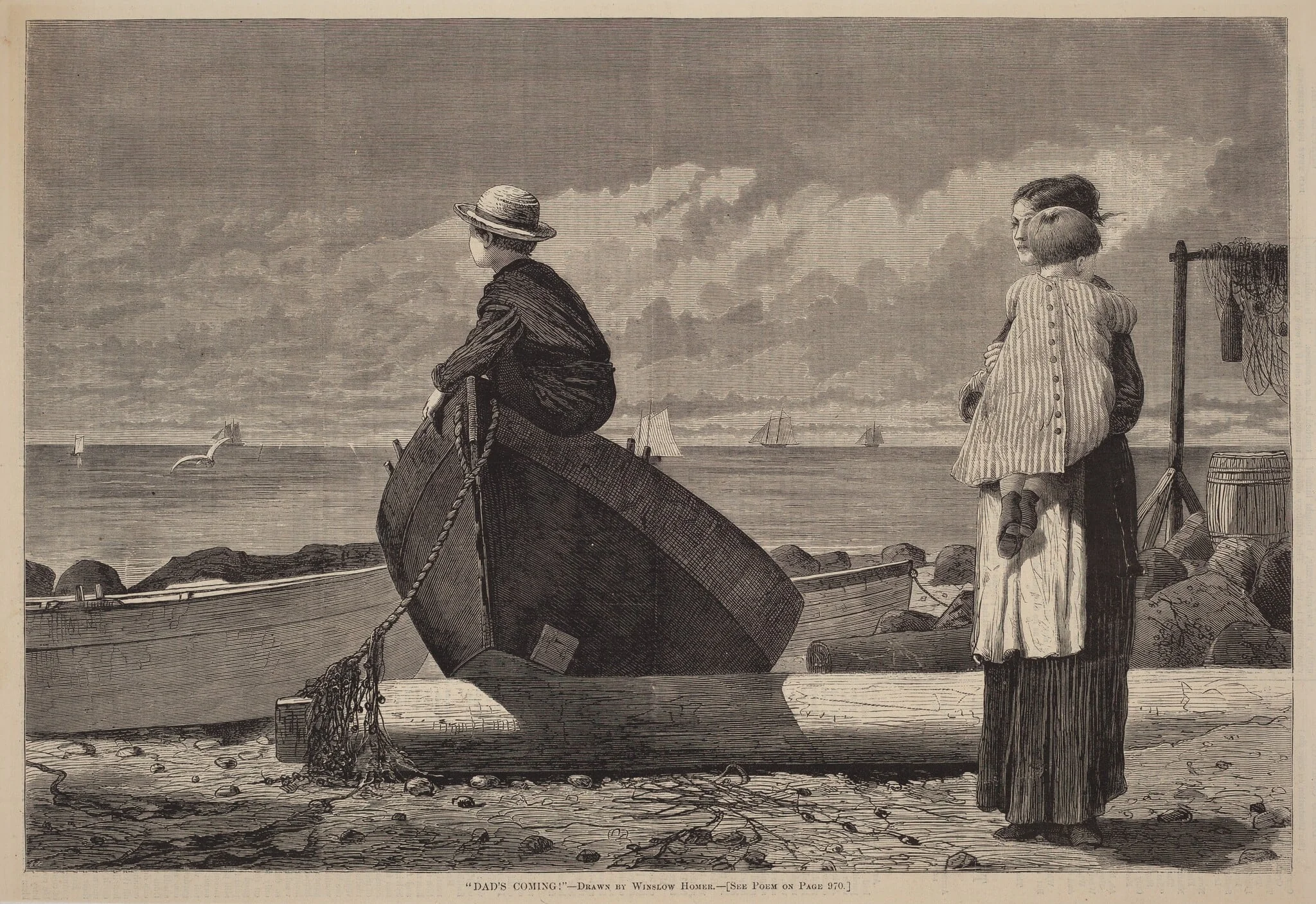 "Dad's Coming!", by American 19th Century, ink, 1873