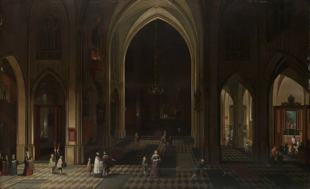 A church interior by candlelight