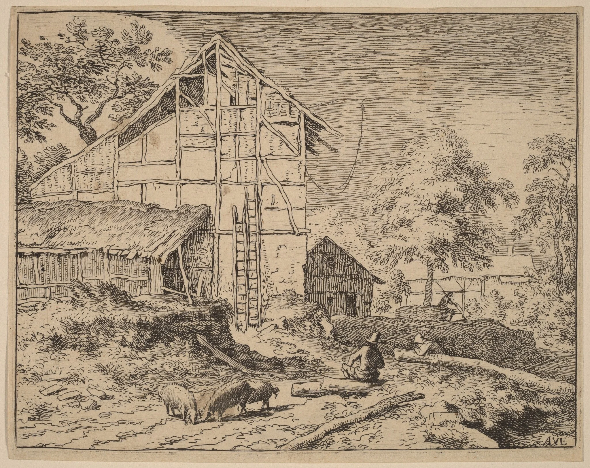 Cottage with Two Ladders, by Allart van Everdingen, ink, 1650