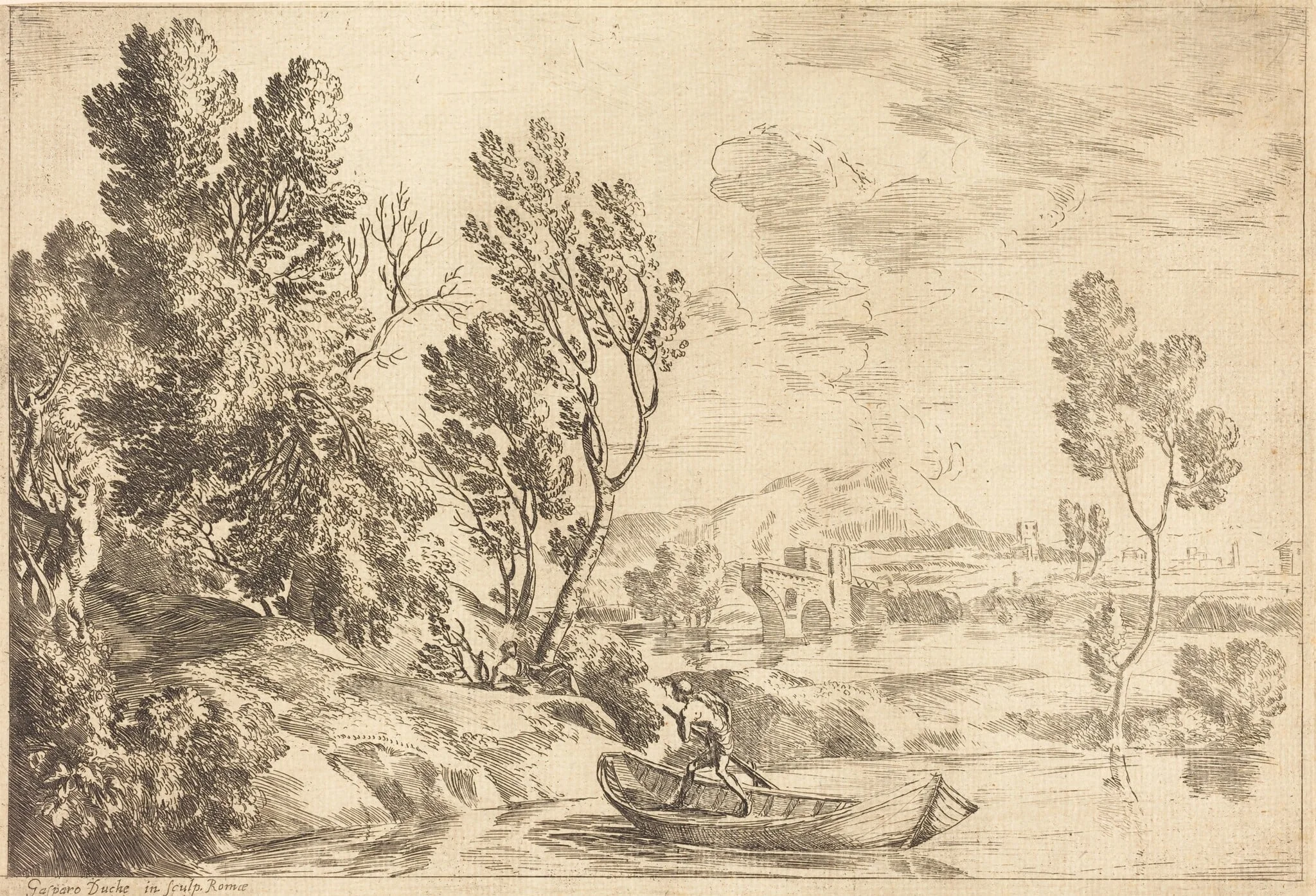 Roman Landscape, by Gaspard Dughet, ink, 1645
