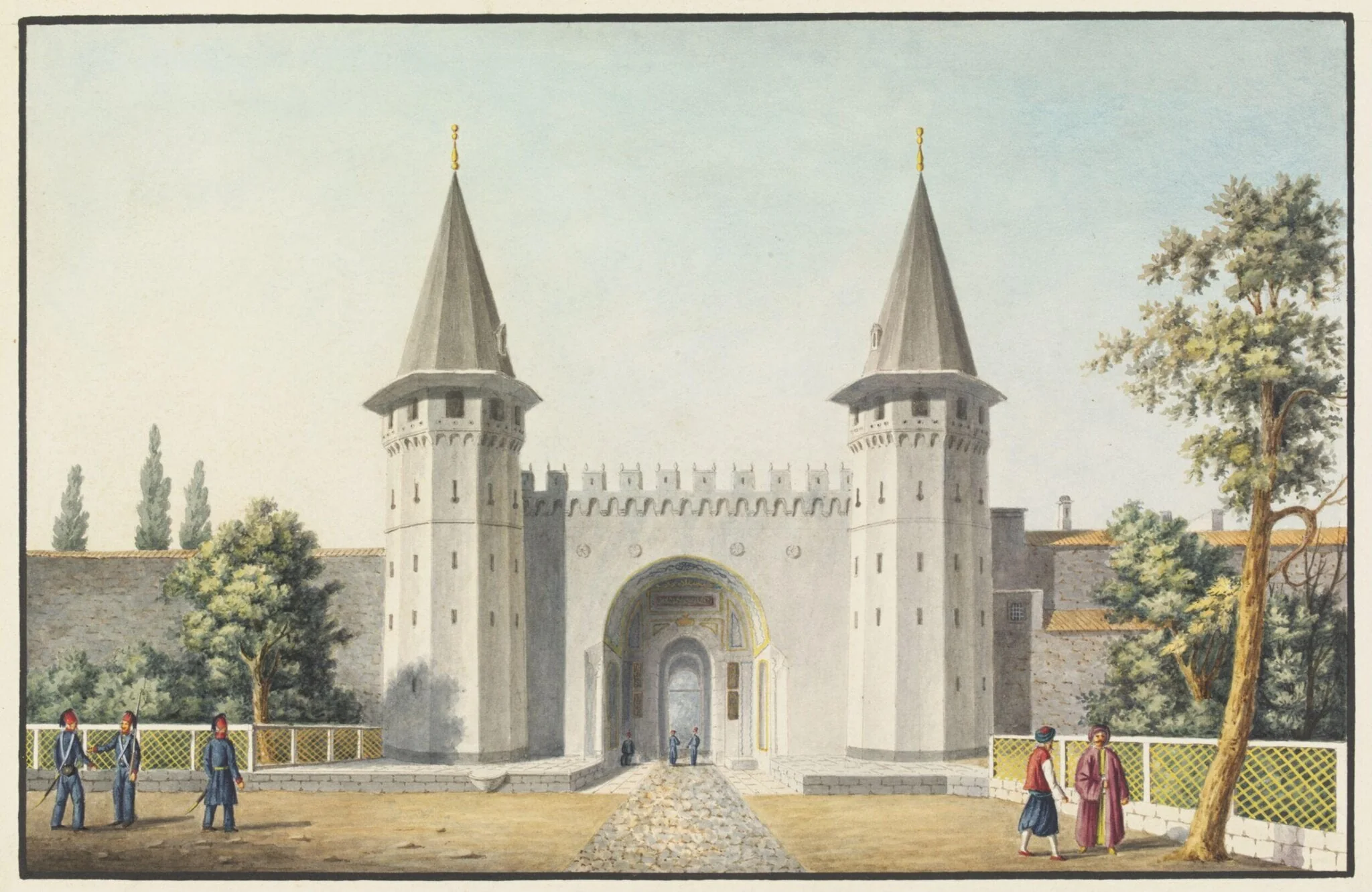 Orta Kapi or the Middle Gate of Topkapi Sarayi, by Giuseppe Schranz, watercolor, 1837