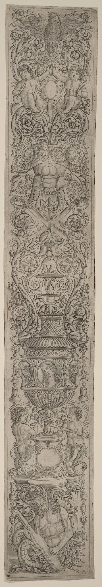 Ornament Panel: Triton and Two Infant Satyrs, by Giovanni Pietro Birago, ink, 1510