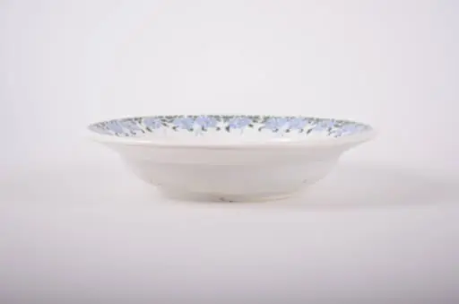 Farfurie de formă tronconică, adâncită; pe fund are găuri pentru agățare. Pe toată marginea este decorată cu motive florale, iar pe fund are trei cercuri concentrice. Cromatică: fond: alb; motive: albastru; verde.