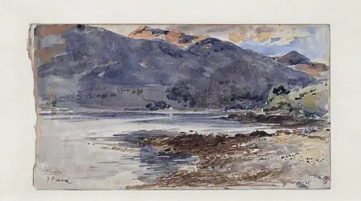A River Scene with Mountains in the Distance - A Sketch