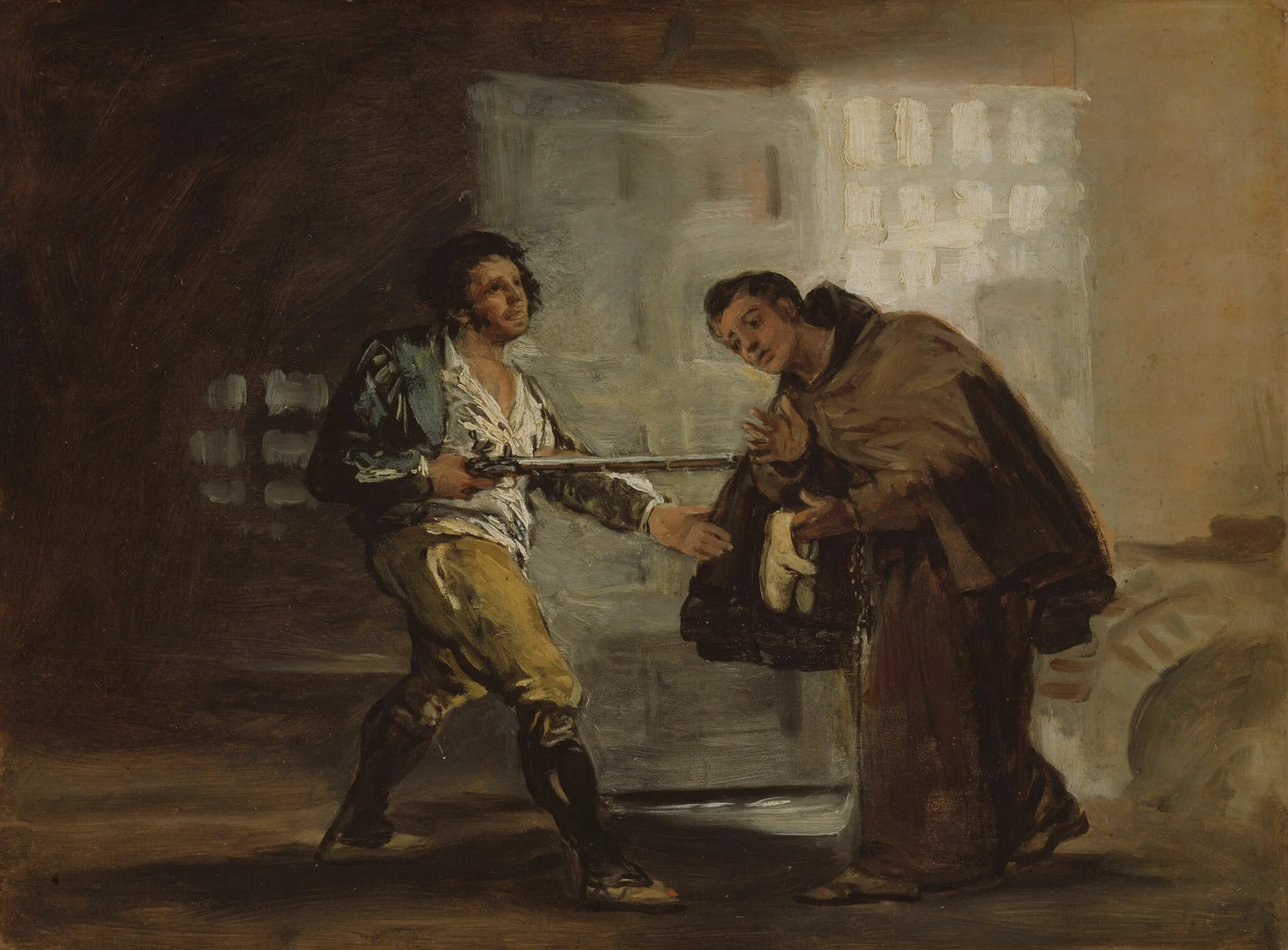 Friar Pedro Offers Shoes to El Maragato and Prepares to Push Aside His Gun, by Francisco Goya, oil, 1806